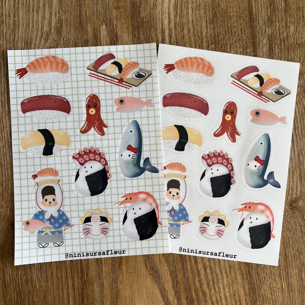 Planche de stickers - sushis (fond quadrillé)