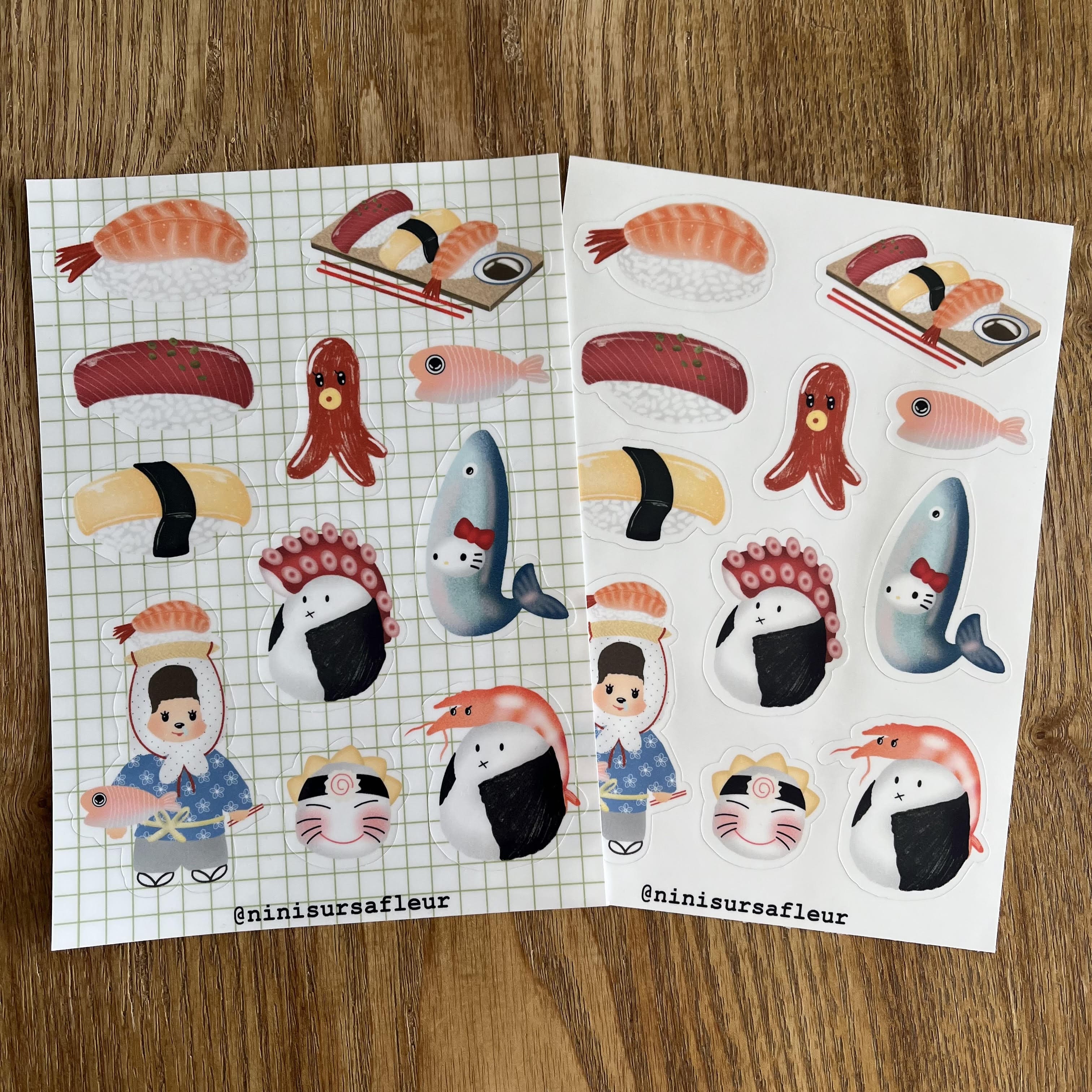 Planche de stickers - sushis (fond quadrillé)