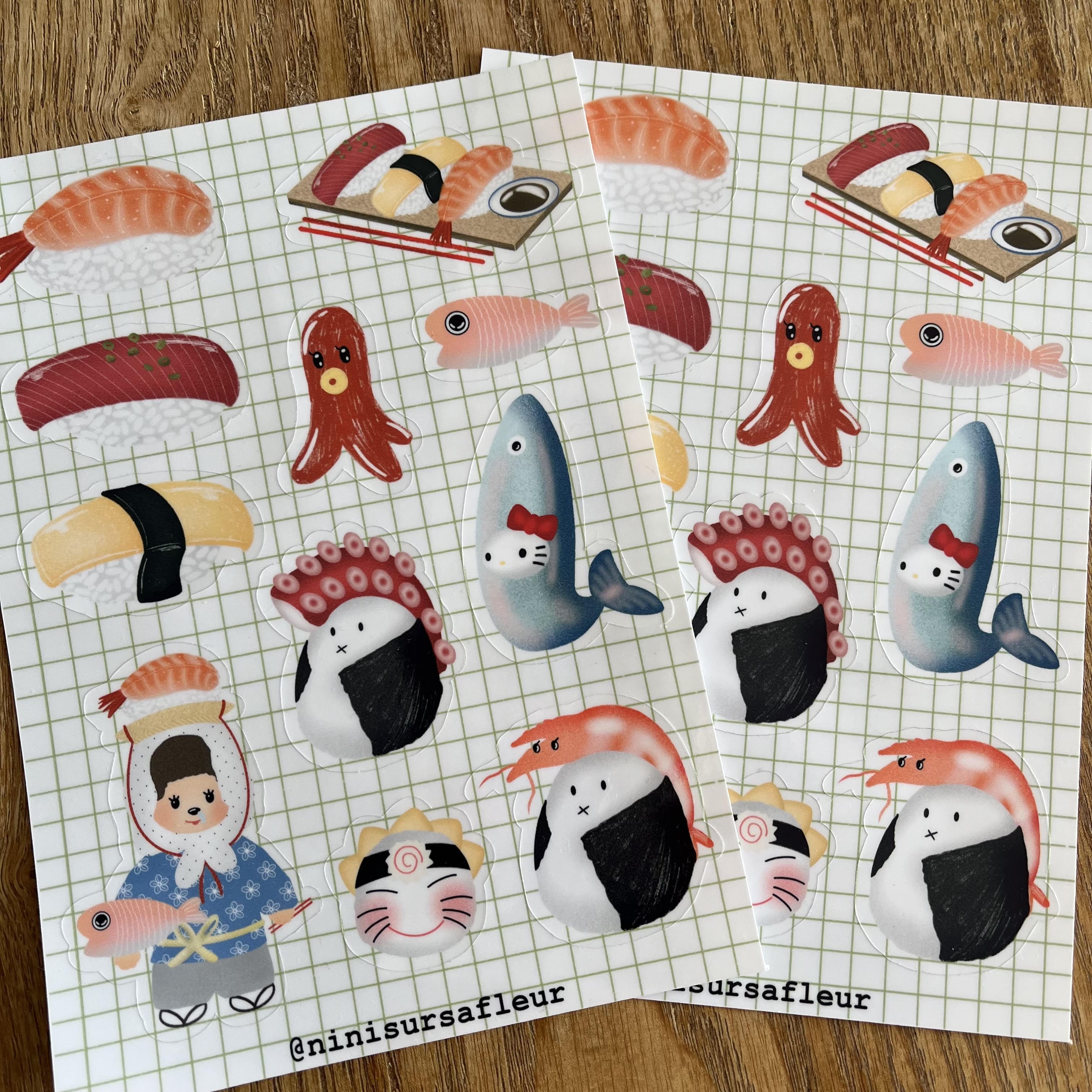 Planche de stickers - sushis (fond quadrillé)